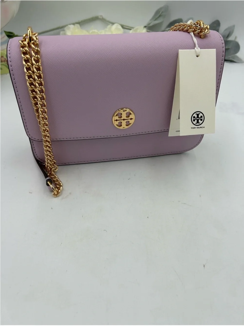Tory Burch Lilac Leather Crossbody with Gold Chain NWT